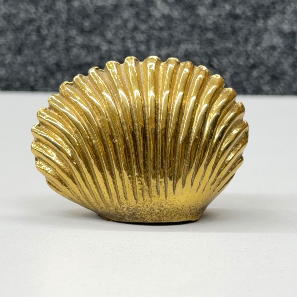 Vintage Brass Scallop Shell Paperweight Figurine Gold Tone Coastal Decor